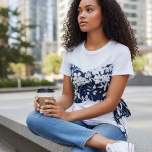 1.STATE Floral Bustier Illusion Tee T-shirt Navy White Top Wrap Style Small